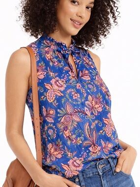 J.Crew Liberty Floral Ruffle Neck Sleeveless Blouse Blue Cotton Top size 4